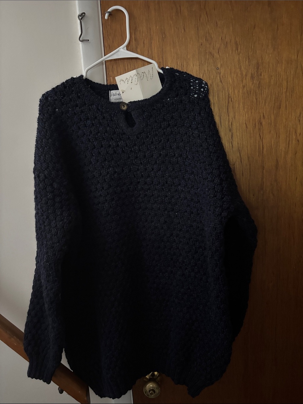 Vintage hand loomed Irish wool Navy Crewneck Sweater with Button Keyhole